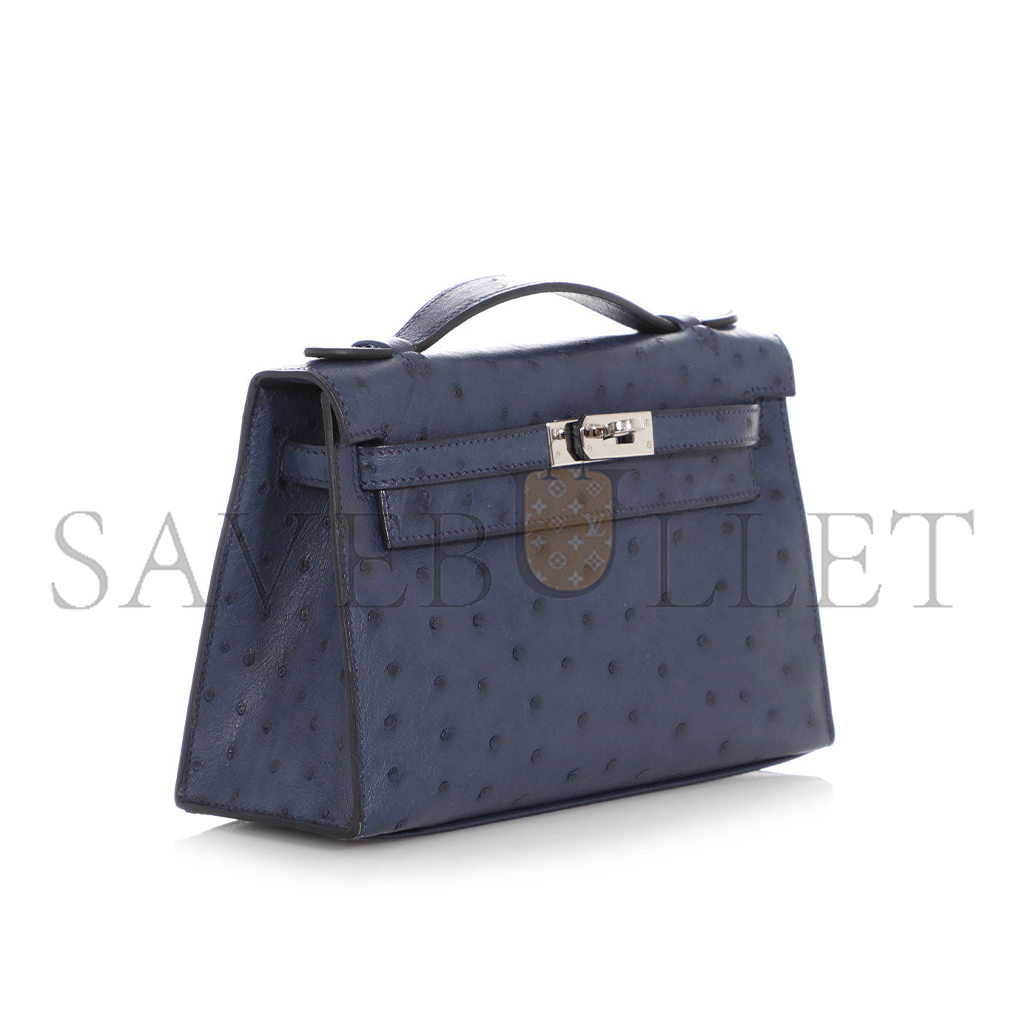 HERMÈS MASTER  BLEU DE MALTE OSTRICH KELLY POCHETTE (22*14*7cm) 